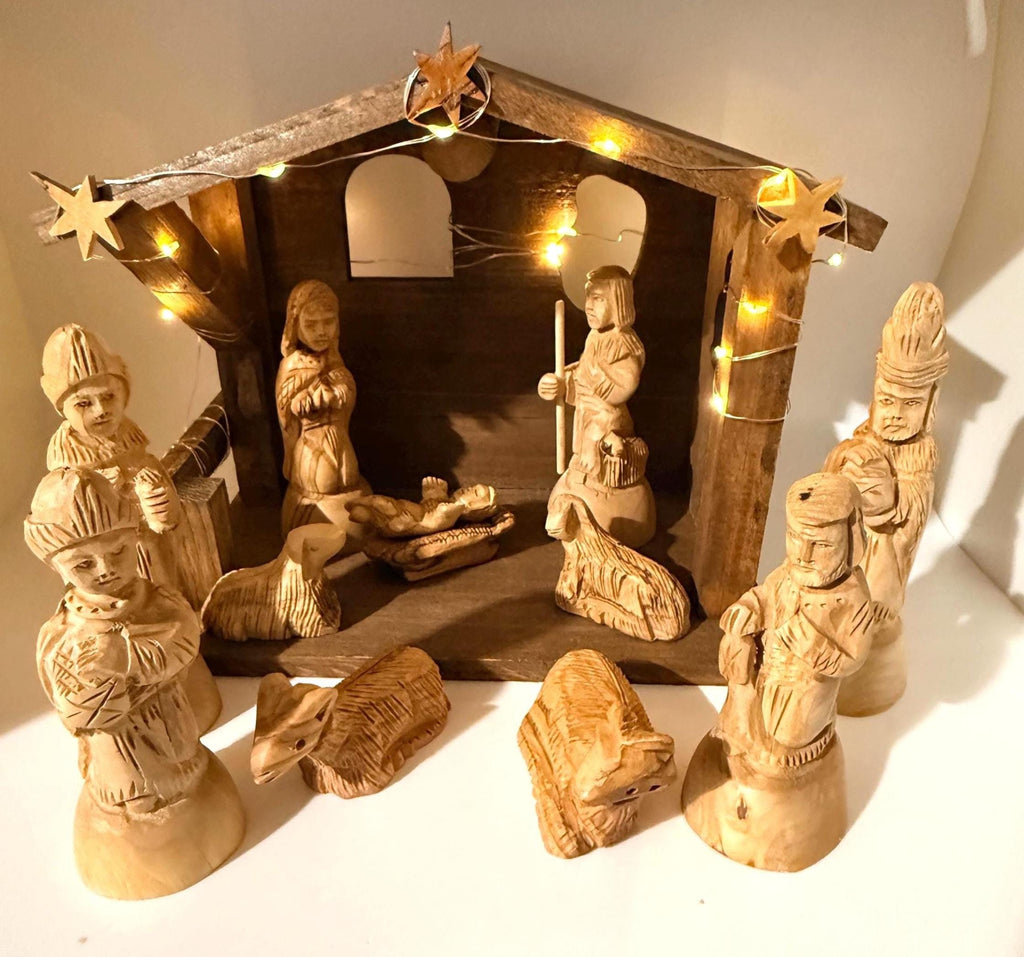 Bethlehem olive wood detail carving style nativity set with wood Stable Manger LED lights