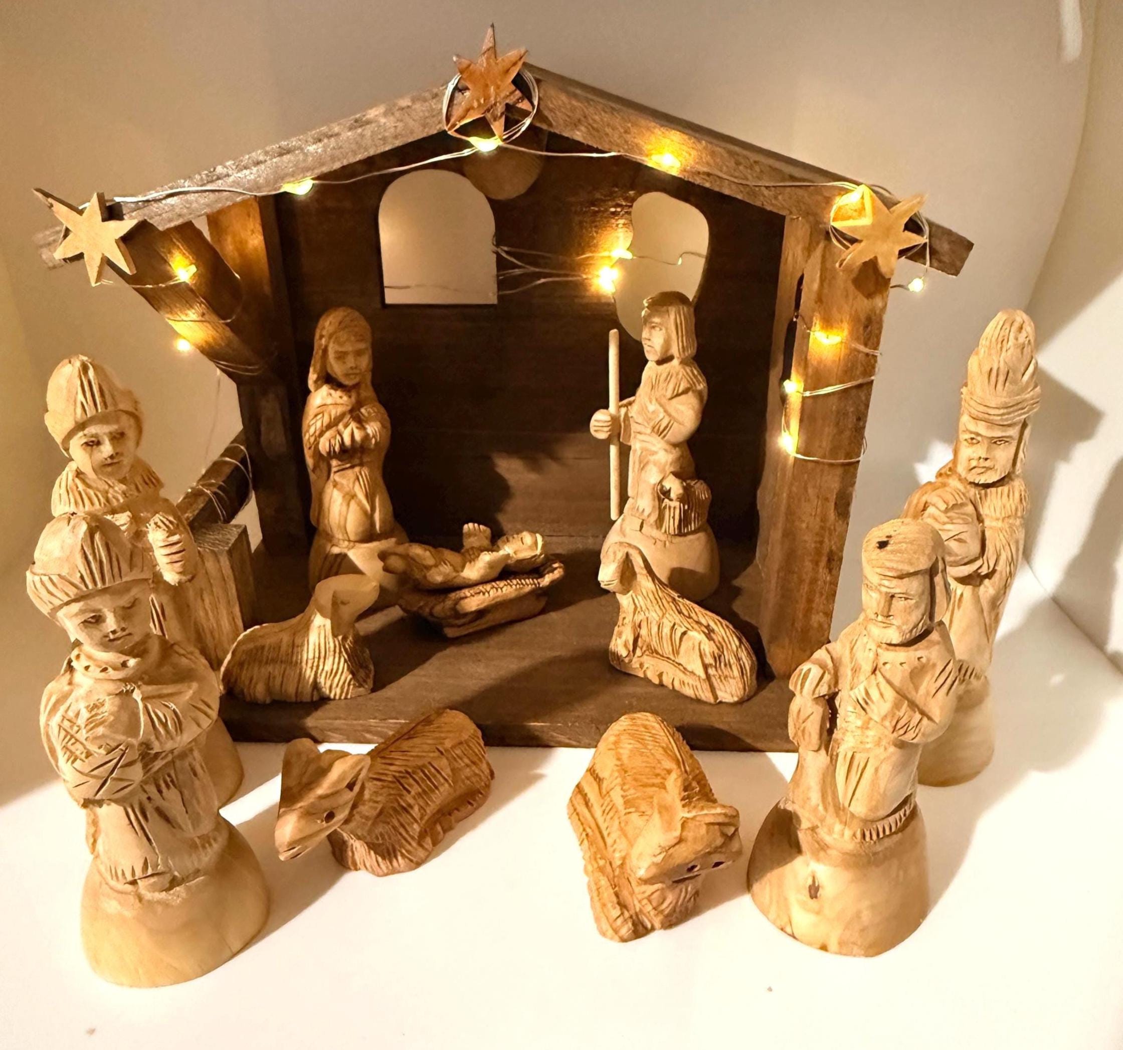 Bethlehem olive wood detail carving style nativity set with wood Stable Manger LED lights