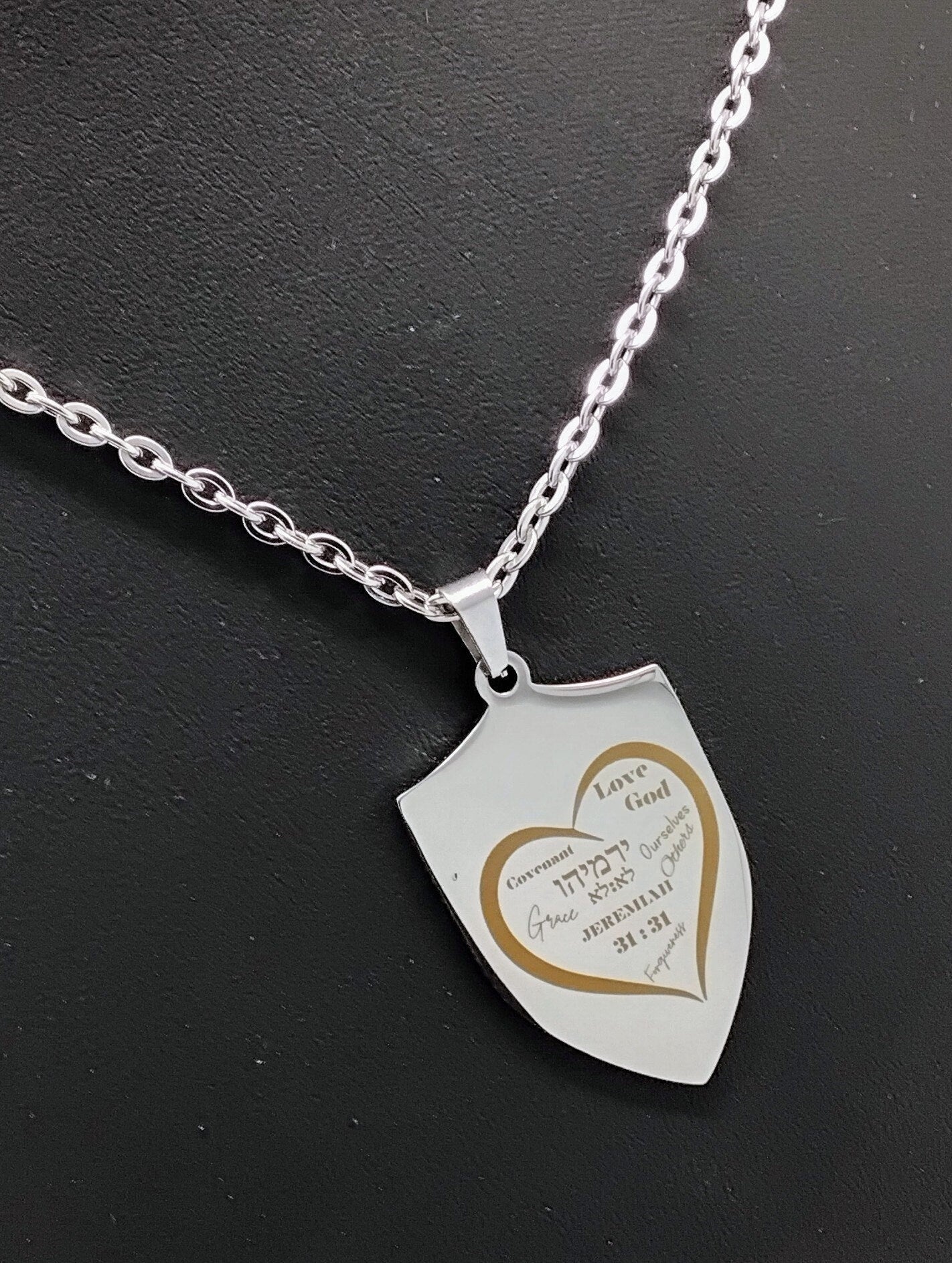 Jeremiah scripture necklace in Hebrew and English Stainless steel engraved with heart and 20 inches necklace