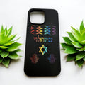 Am Israel Chai with the Star of David and Hamsa engraved in Hebrew phone case for iPhone 15 pro max with a stand
