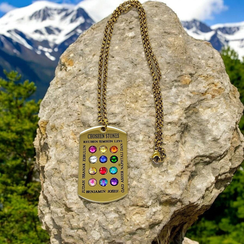 Ephod Hoshen Breastplate 12 Tribes Israel Pendant engraved in English with Rhinestones Stainless Steel 20” Necklace large heavy pendant