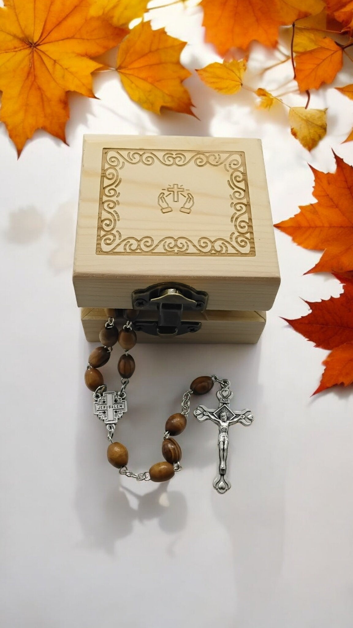 Bethlehem olive wood rosary beads necklace with the Jerusalem cross centrepiece and wooden pinewood handmade engraved