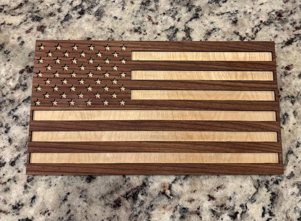 USA American flag handmade in Arizona from walnut and basswood with wooden stand 11” x 6”
