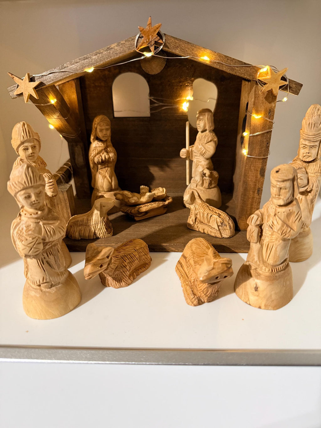 Bethlehem olive wood detail carving style nativity set with wood Stable Manger LED lights