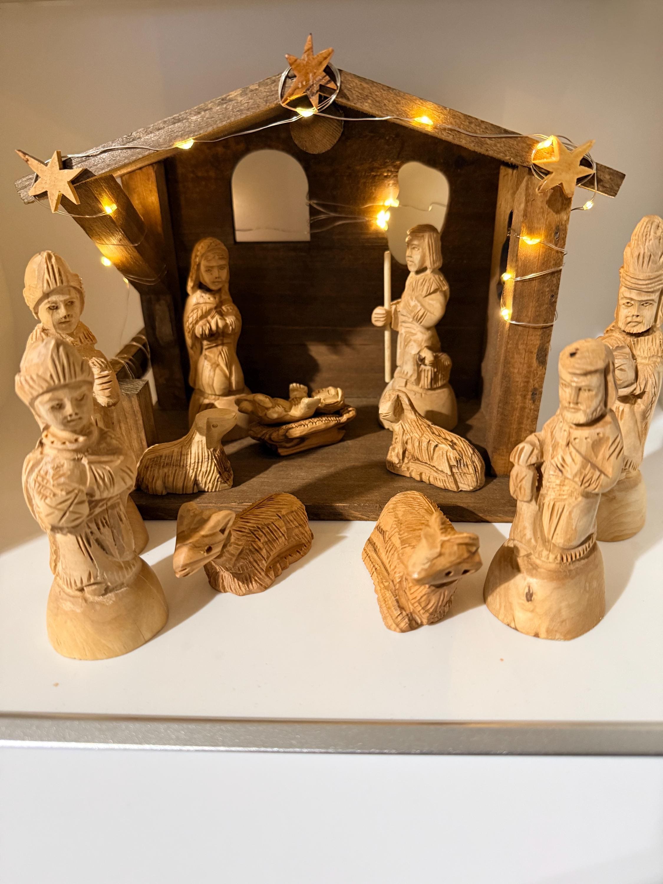 Bethlehem olive wood detail carving style nativity set with wood Stable Manger LED lights