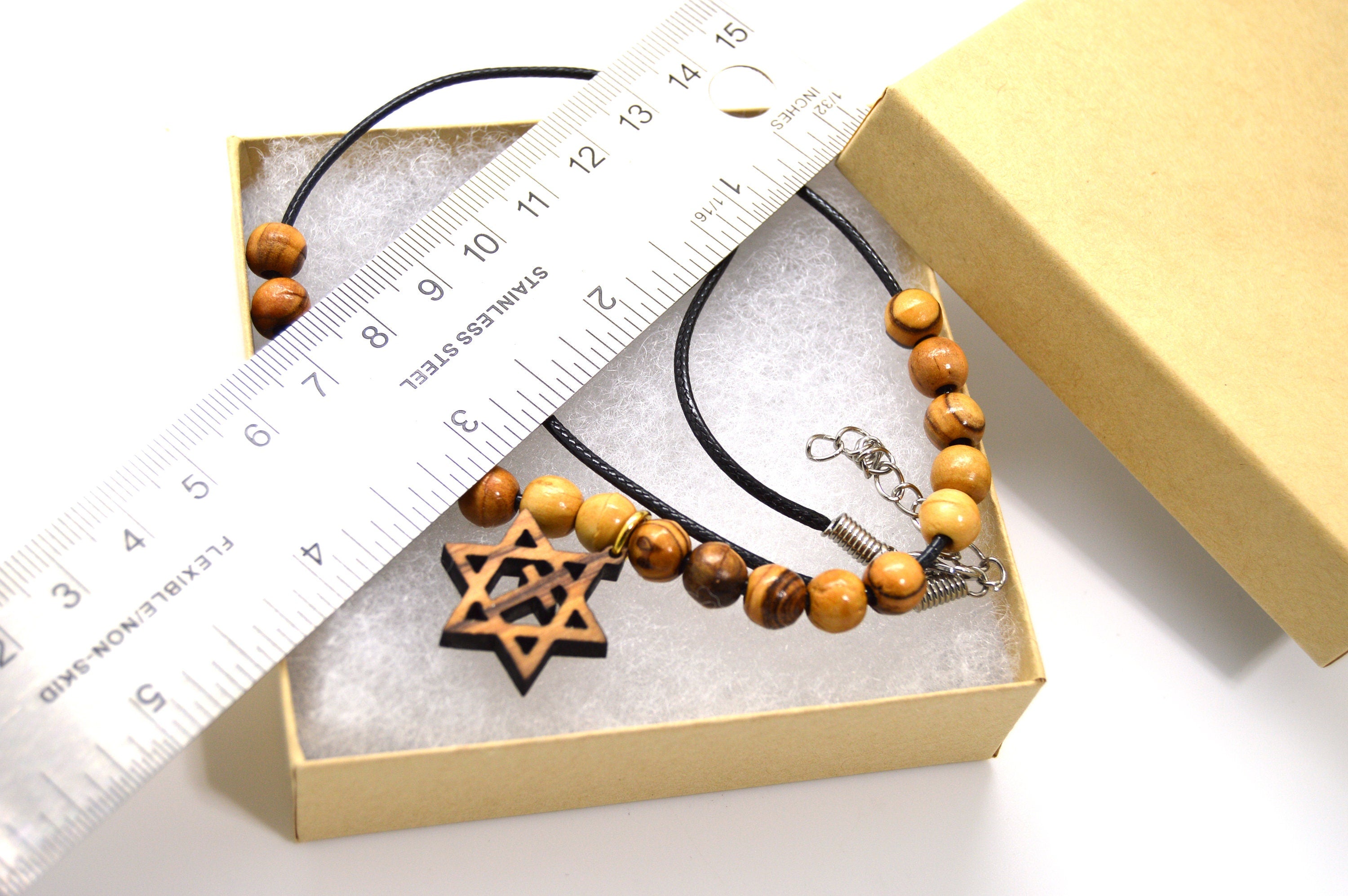 Star of David with the cross olive wood pendant handmade necklace with olive wood beads 18" gift boxed