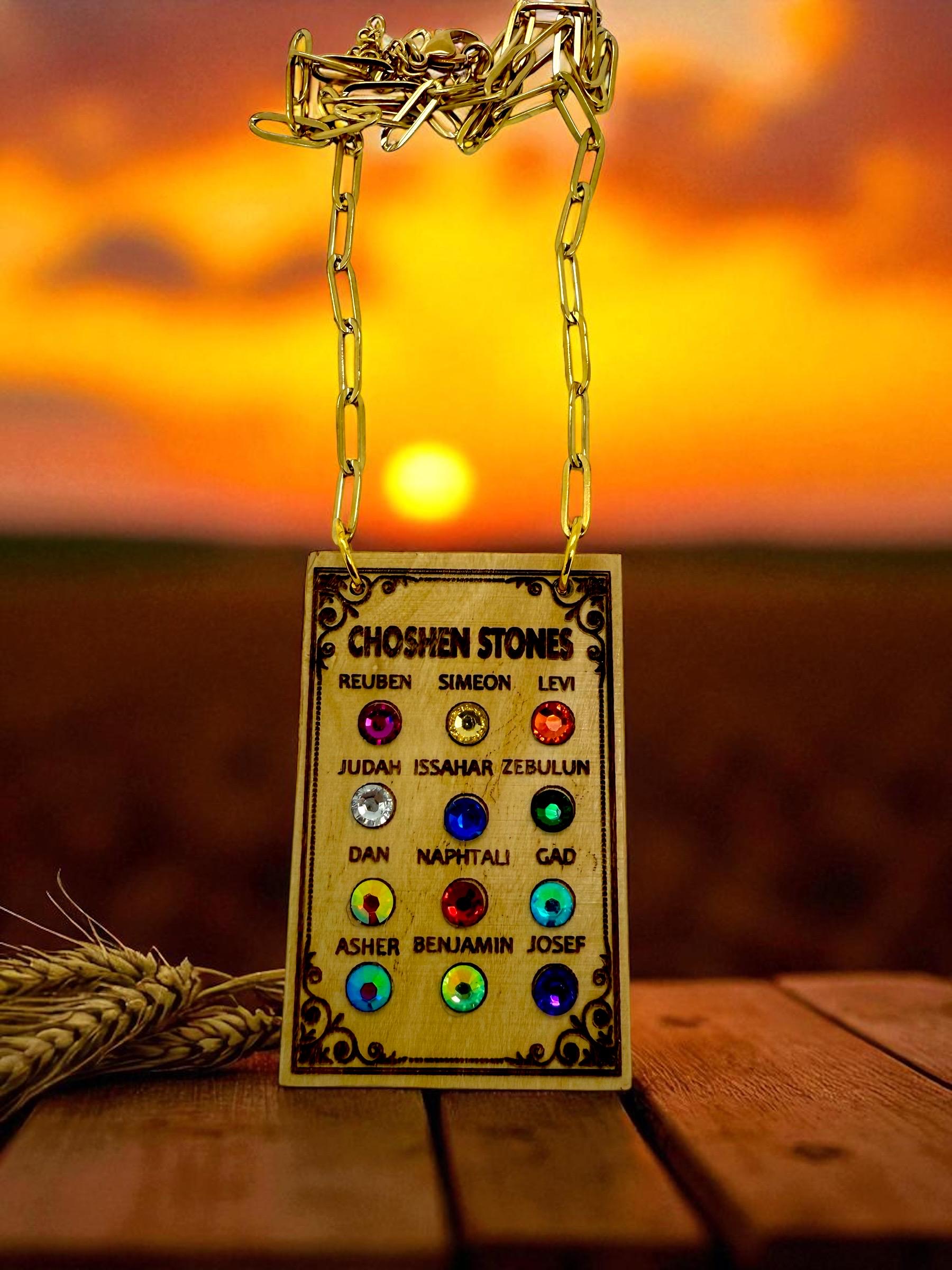 Ephod Choshen Hoshen Breastplate 12 Tribes Israel Pendant engraved olive wood from Israel in English with Rhinestones 18” Necklace.