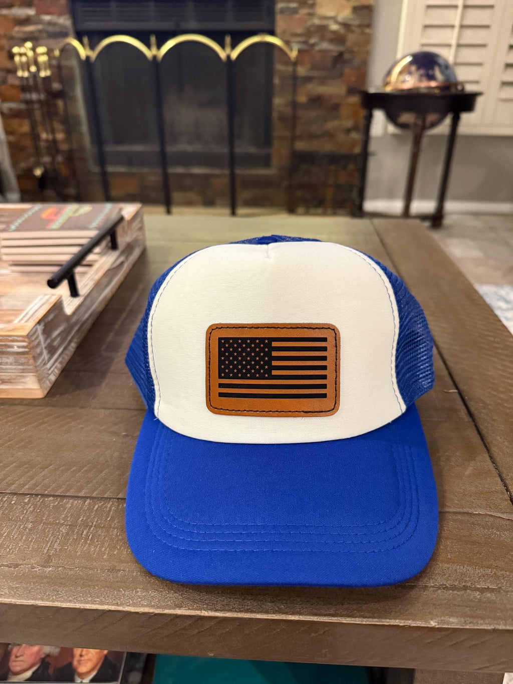 USA Flag Hat baseball cap American flag leatherette patch laser engraved and heat pressed applied on blue and white hand stitched  on Camo