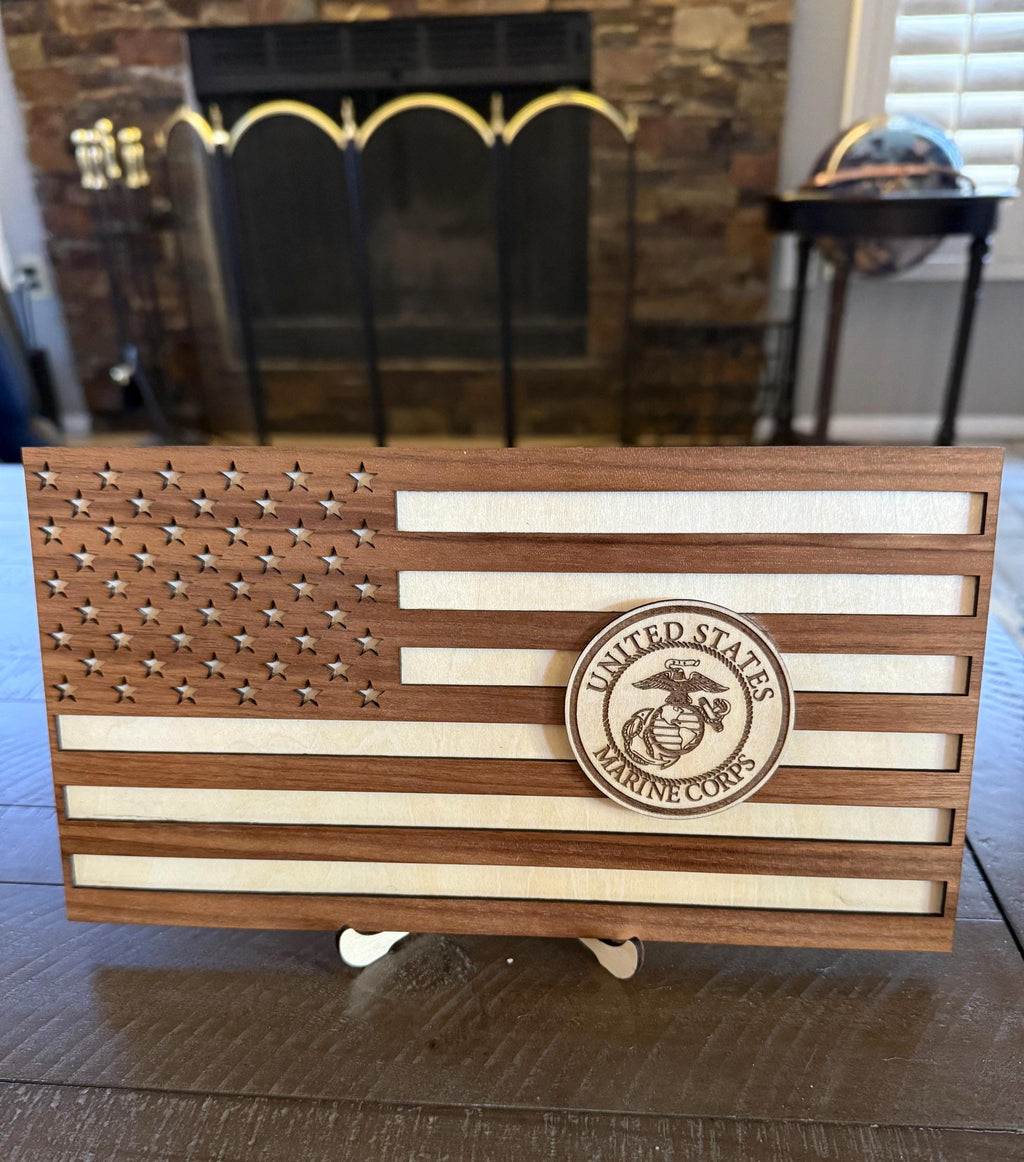 USA American flag handmade in Arizona from walnut and basswood with wooden stand 11” x 6” USA Marine Corps