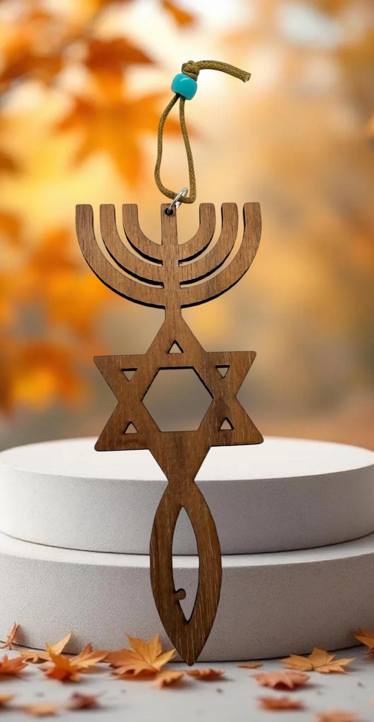 Messianic Seal Grafted In Israel Star of David Menorah and Fish cutout basswood 5" long x 2" gift boxed home decor wall hanging ornament