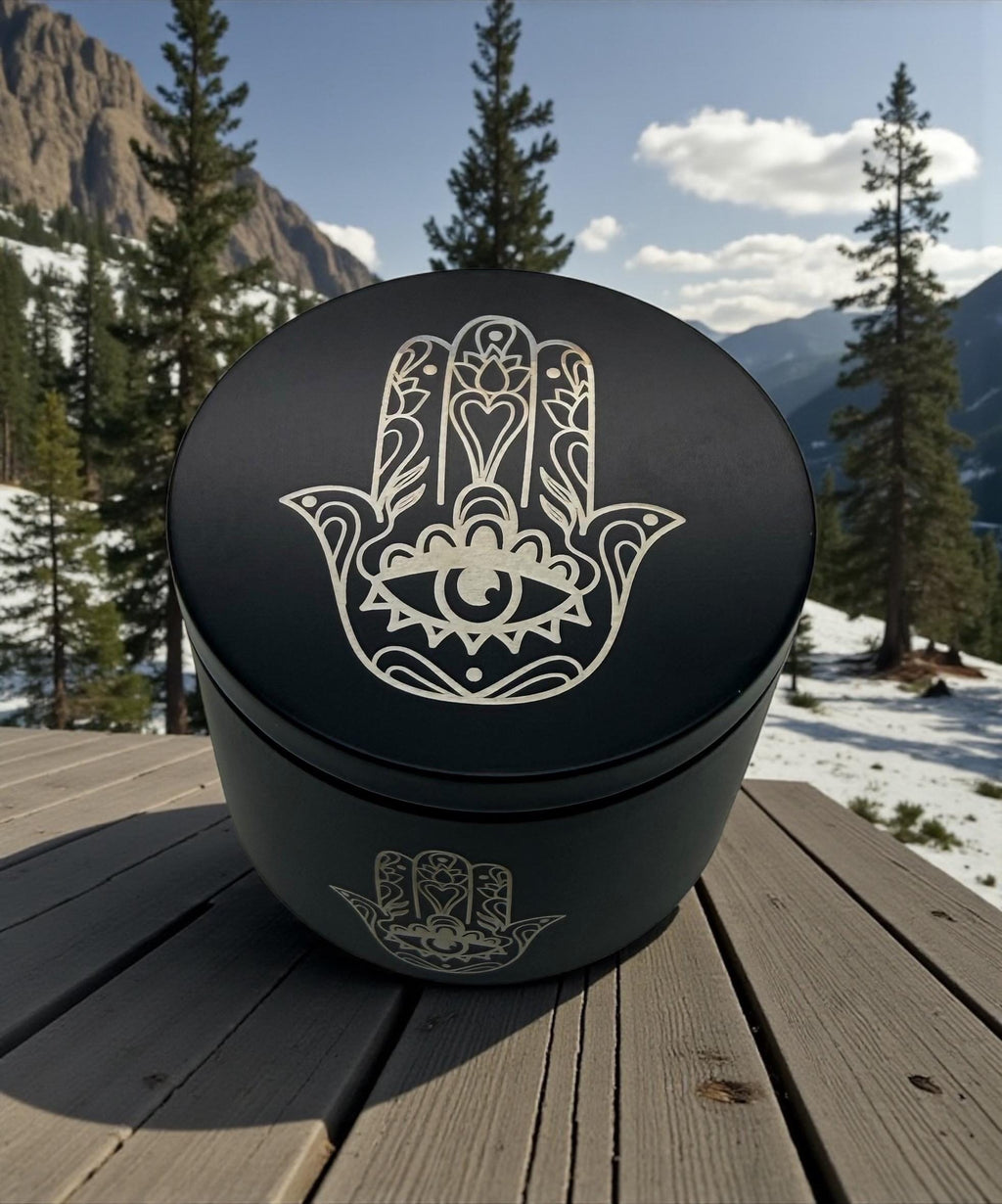 Handmade soy wax candle Hamsa hand protection Yoga Meditation engraved tin metal jar available in 3.5 oz or 7 oz. Personalization Available