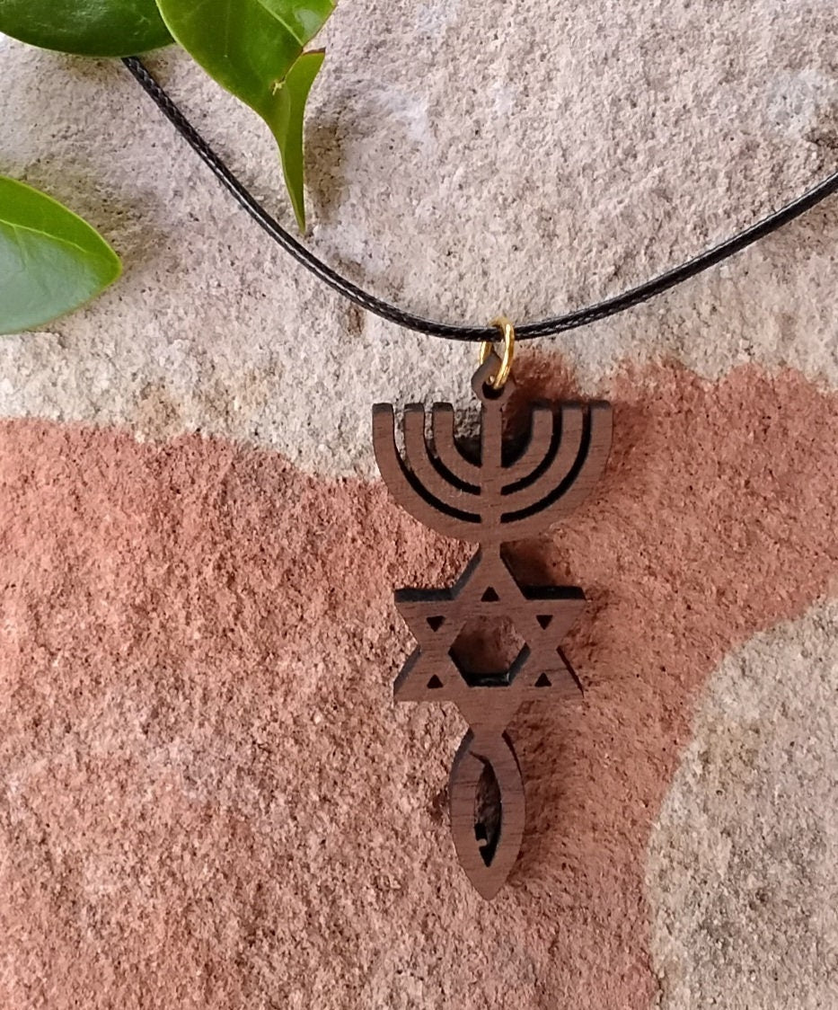 Star of David Menorah and fish grafted in messianic wooden walnut pendant with 20" necklace Jewish Christian jewelry