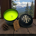 Handmade soy wax candle Jerusalem cross engraved tin metal jar available in 3.5 oz or 7 oz. Personalization Available