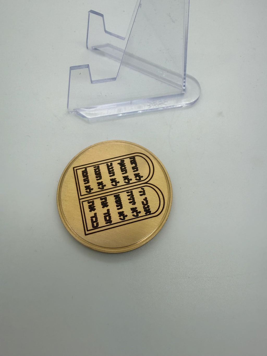 The Ten Commandments in Hebrew engraved challenge coin made from brass or alloy comes with display stand