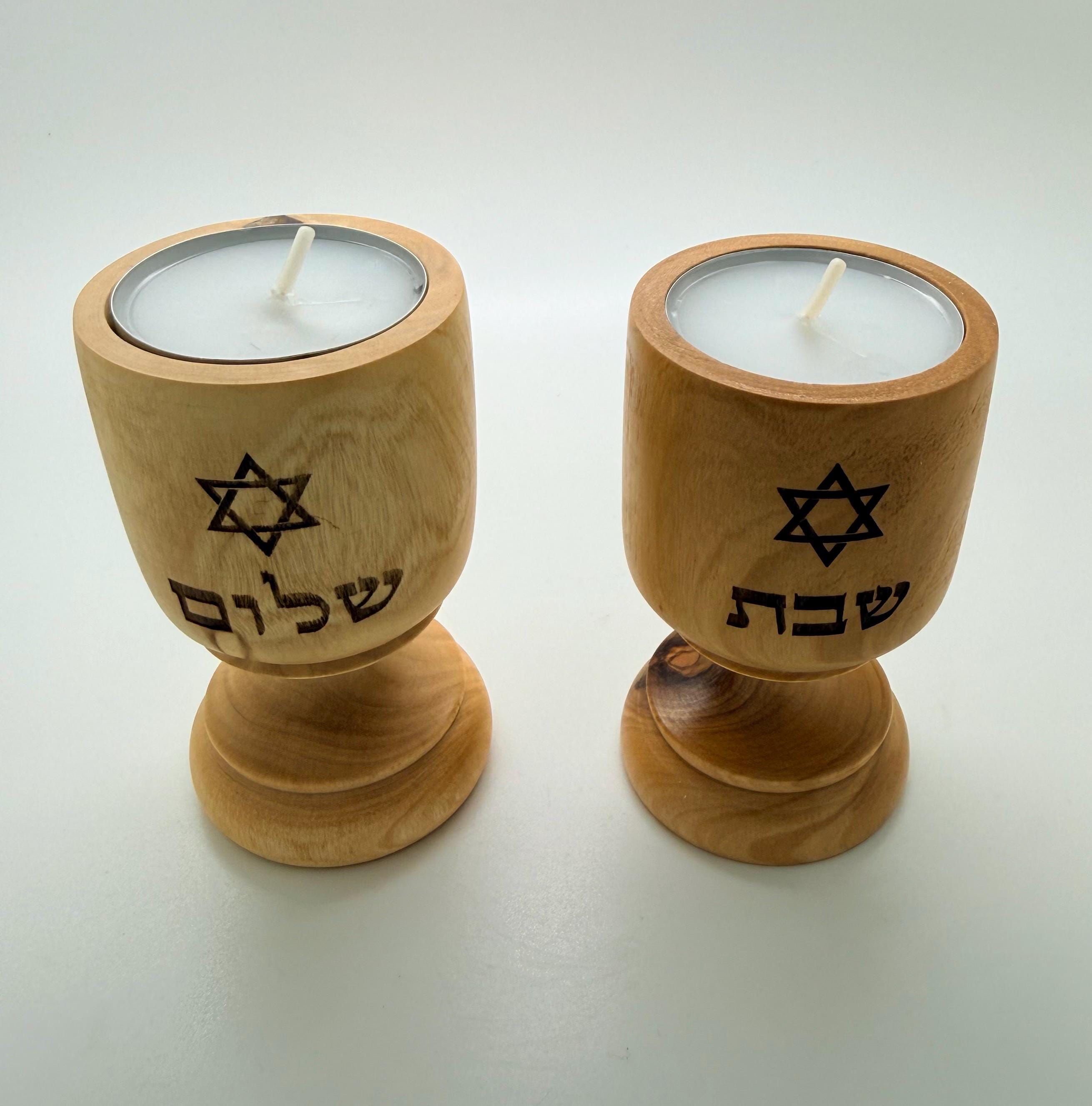 Shabbat Shalom in Hebrew engraved with Star of David Israel olive wood candle holders made for tea light candles Jewish gift handmade