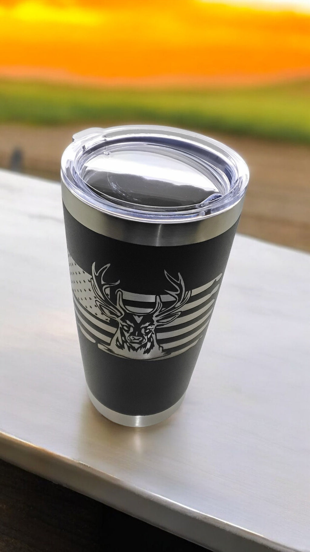 20oz Stainless Steel Tumbler with Lid engraved US Flag Deer Hunting travel mug