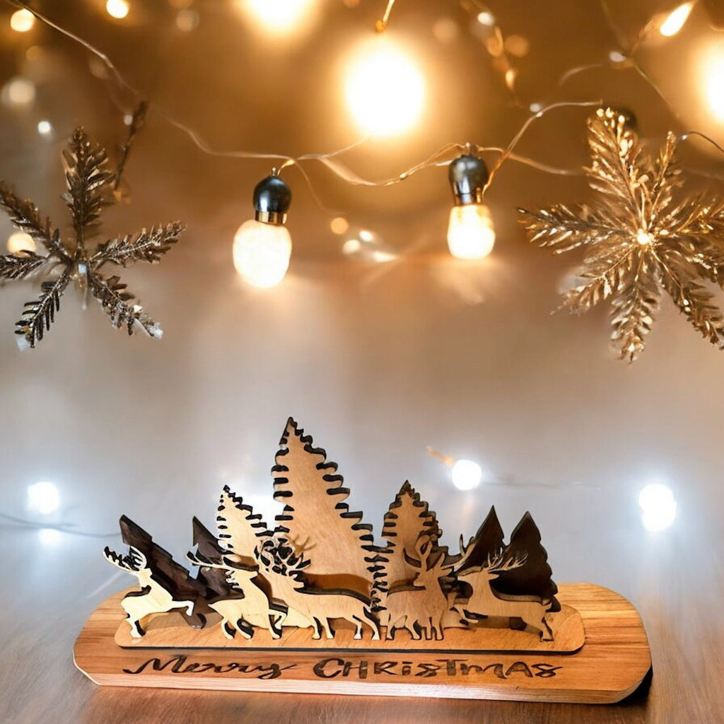 Wooden Christmas tree with 4 standing Reindeers handmade from Cedar and basswood and engraved Merry Christmas