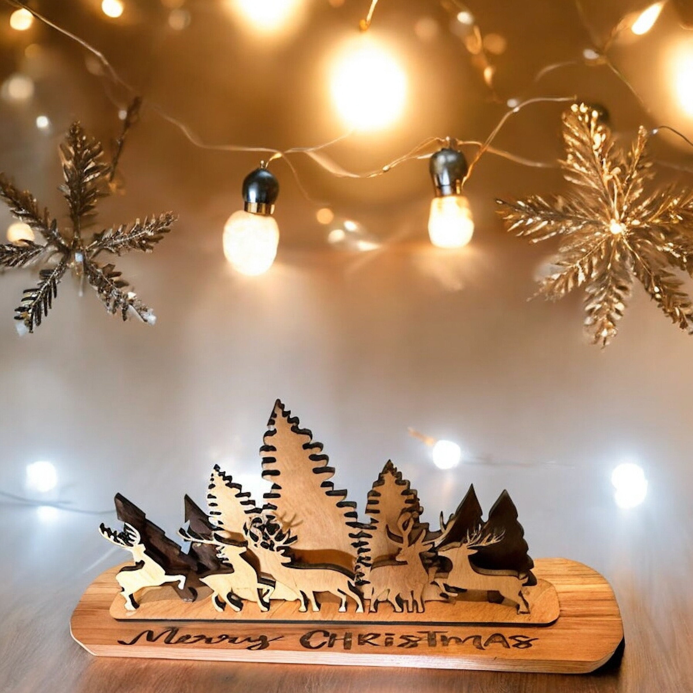 Wooden Christmas tree with 4 standing Reindeers handmade from Cedar and basswood and engraved Merry Christmas