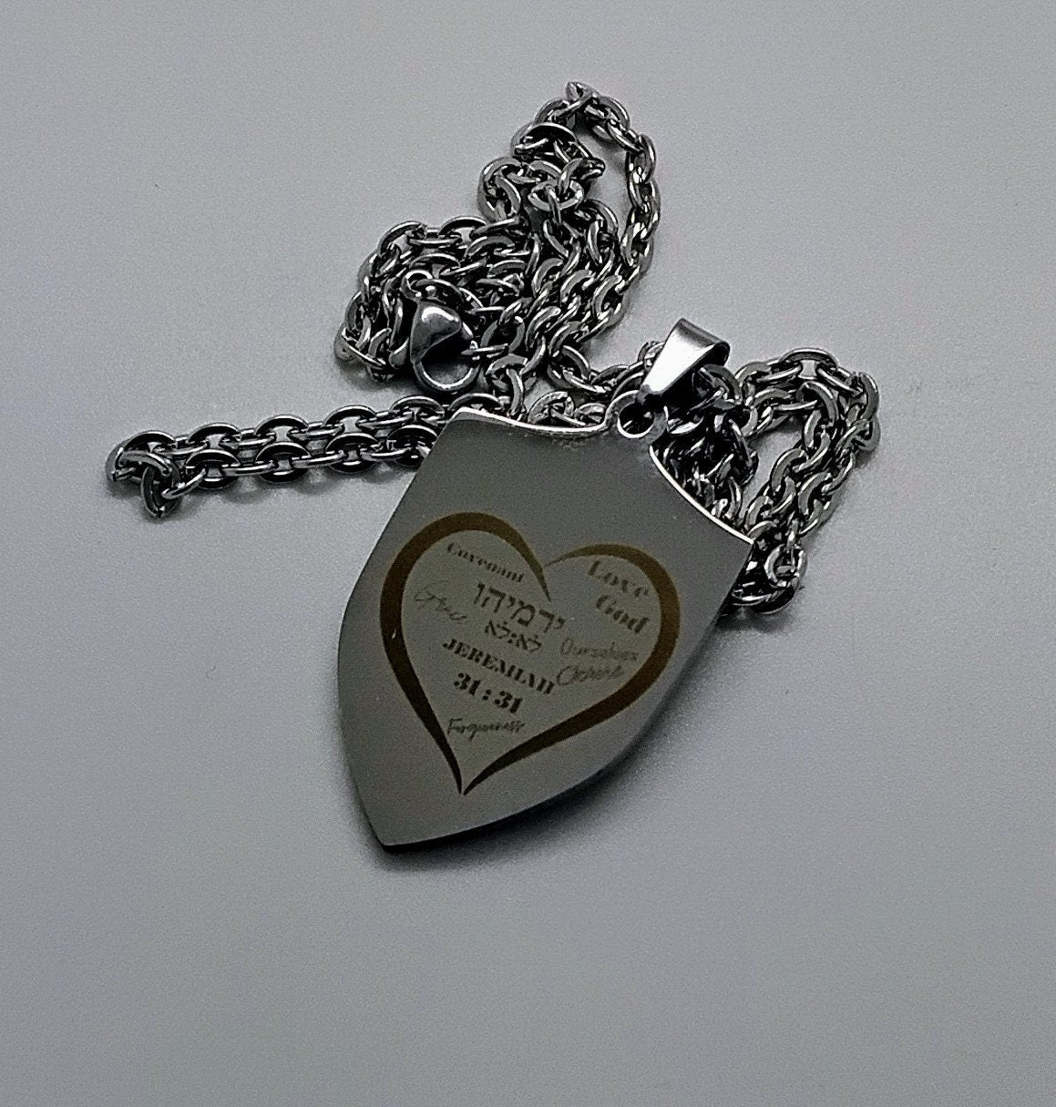 Jeremiah scripture necklace in Hebrew and English Stainless steel engraved with heart and 20 inches necklace