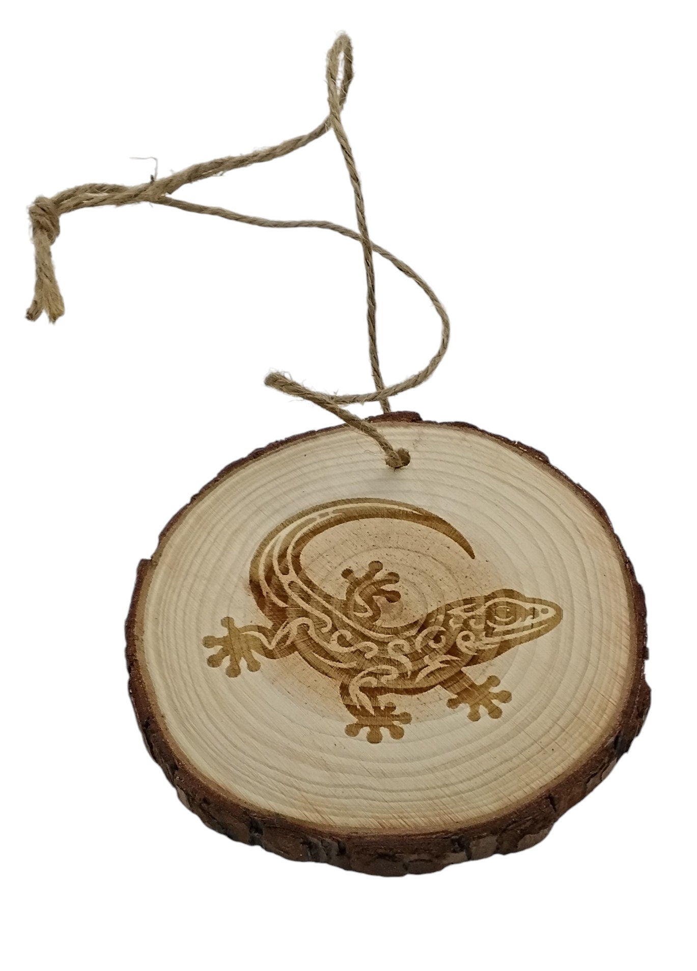 Gecko handmade engraved on natural pine wood slice with the bark great decoration for the Christmas tree comes ready to hung gift box
