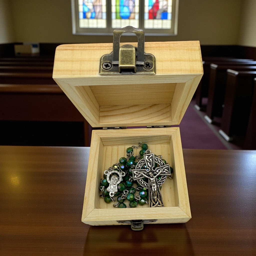 Catholic green acrylic Celtic rosary beads wooden pinewood handmade engraved cross