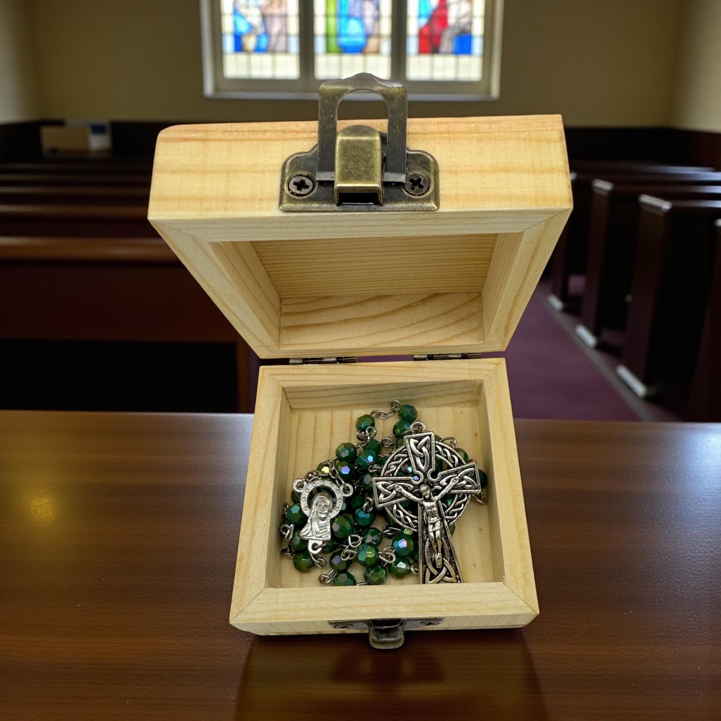 Catholic green acrylic Celtic rosary beads wooden pinewood handmade engraved cross