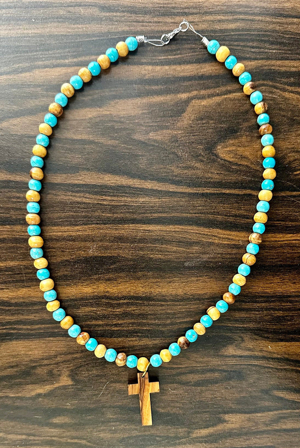 Bethlehem olive wood beads and turquoise beads necklace handmade with olive wood cross pendant comes gift boxed