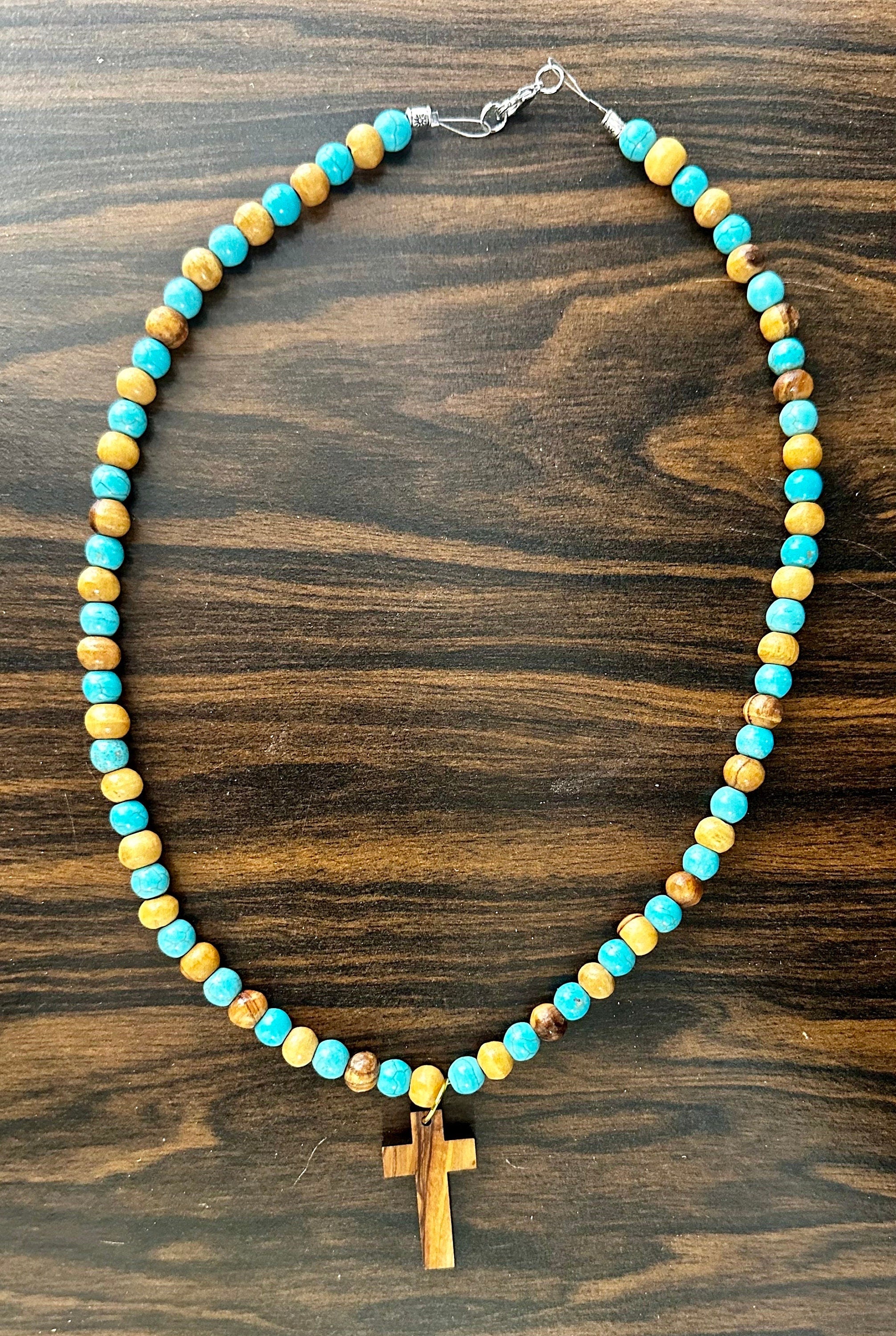 Bethlehem olive wood beads and turquoise beads necklace handmade with olive wood cross pendant comes gift boxed