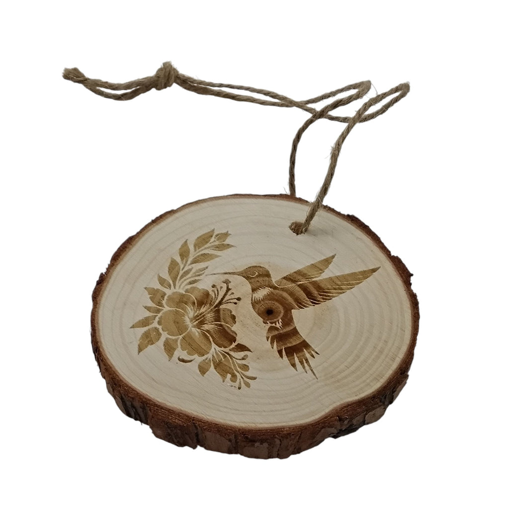 Hummingbird handmade engraved on natural pine wood slice with the bark great decoration for the Christmas tree comes ready to hung gift box