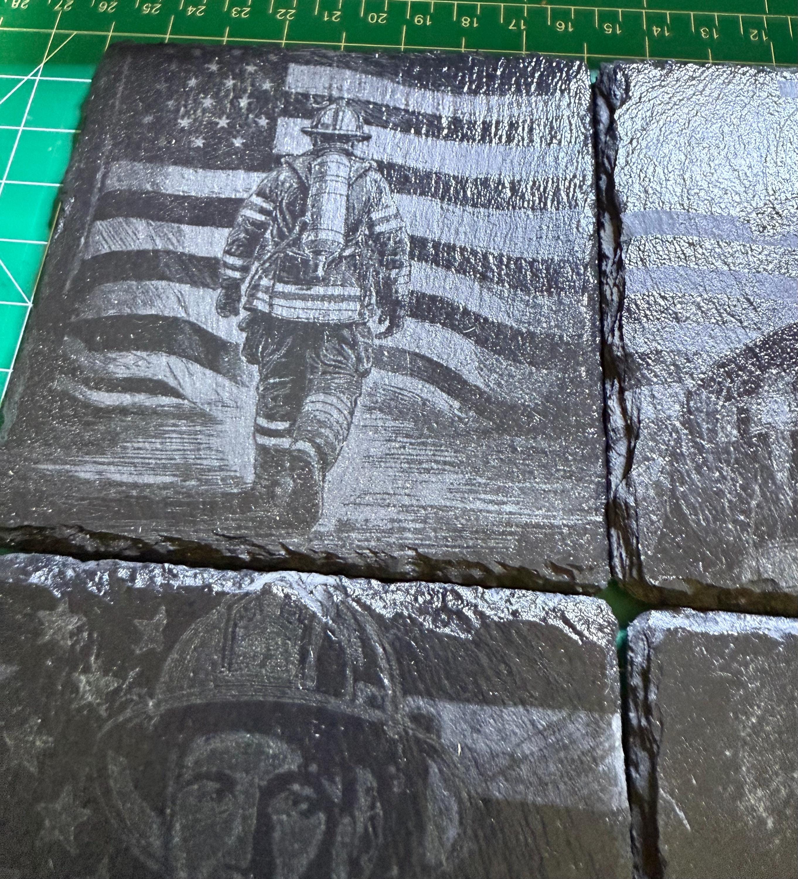 Natural Slate Stone Handmade Coaster Set with fireman designs