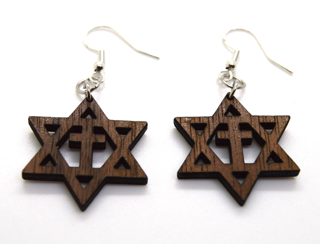 Star of David with the cross wooden walnut Messianic earrings set