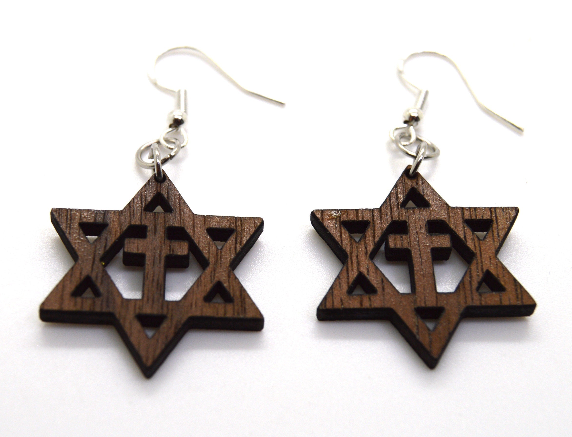 Star of David with the cross wooden walnut Messianic earrings set