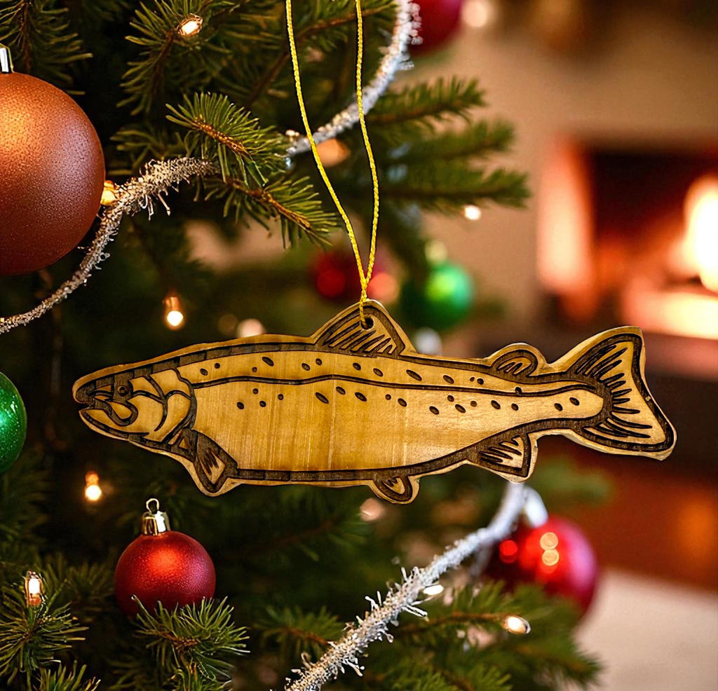 Wooden salmon fish Christmas ornament hand crafted from cedar wood fishing gift personalized with your name engraved on the back