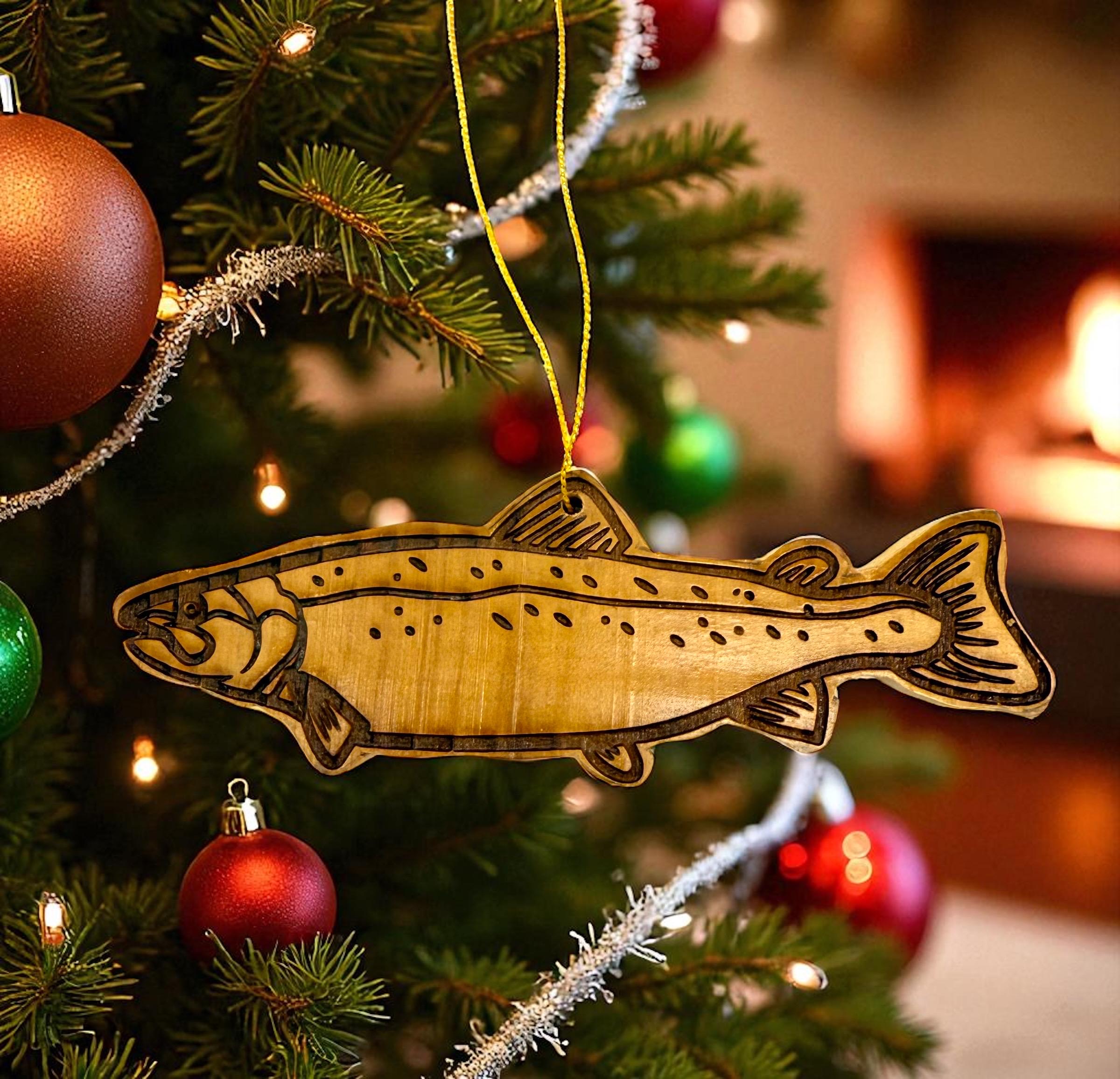 Wooden salmon fish Christmas ornament hand crafted from cedar wood fishing gift personalized with your name engraved on the back