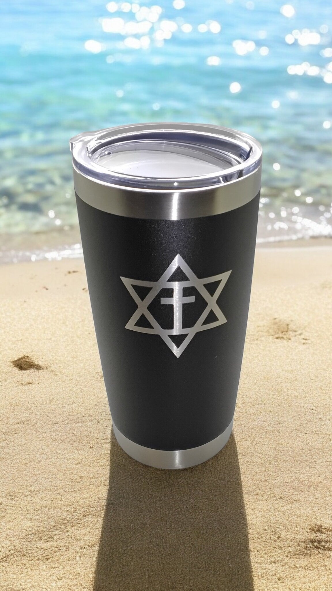 20oz Stainless Steel Tumbler w Lid engraved Star of David with cross Messianic travel mug