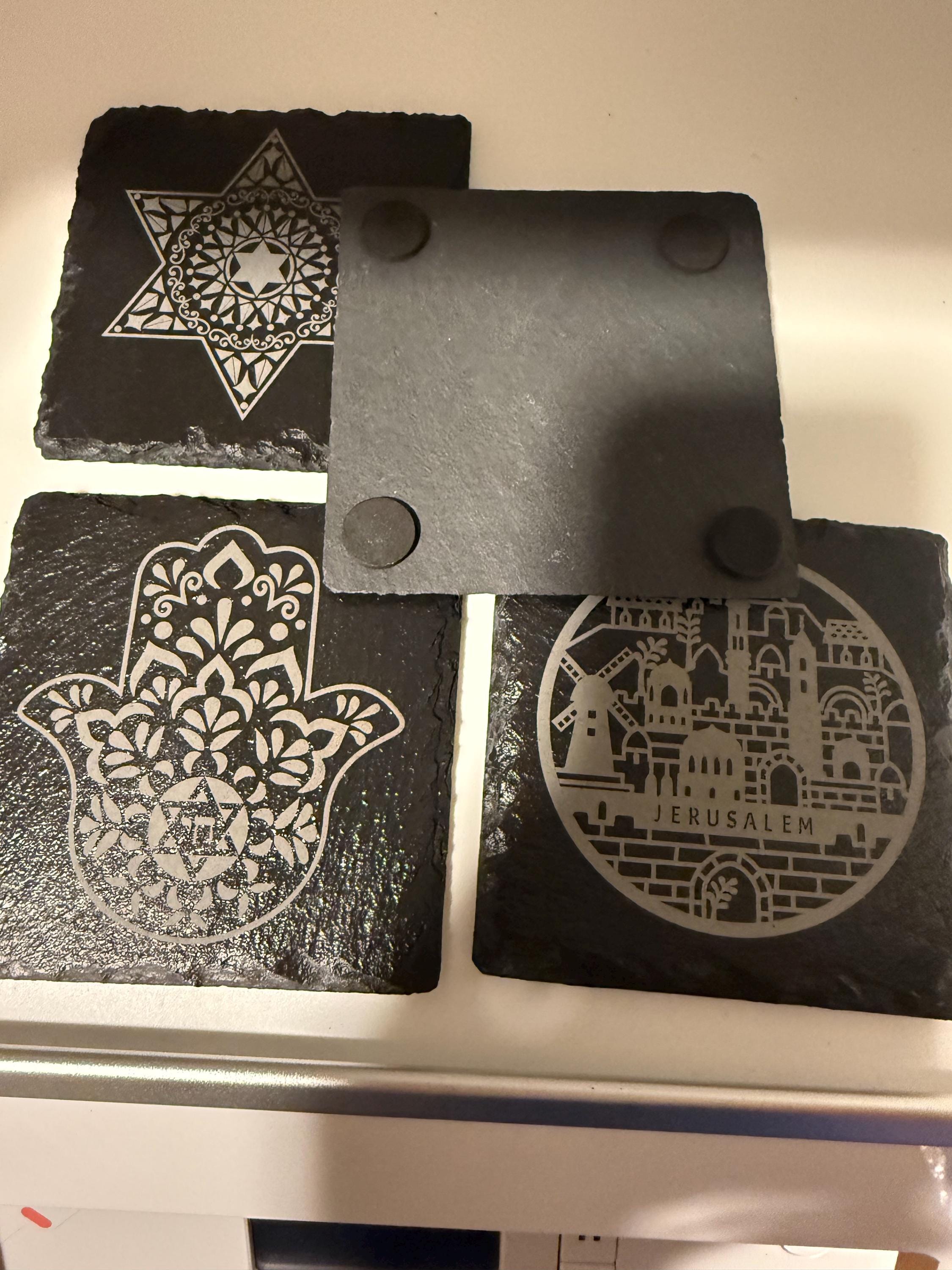 Natural Slate Stone Handmade Coaster Set with Star of David Chai Hamsa Hand and Jerusalem engraved