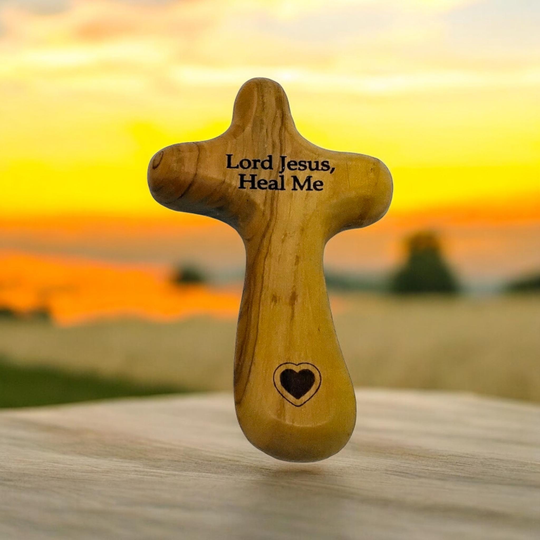 Bethlehem olive wood comfort cross engraved with Lord Jesus, Heal Me and heart, can be personalized with name on the back gift boxed