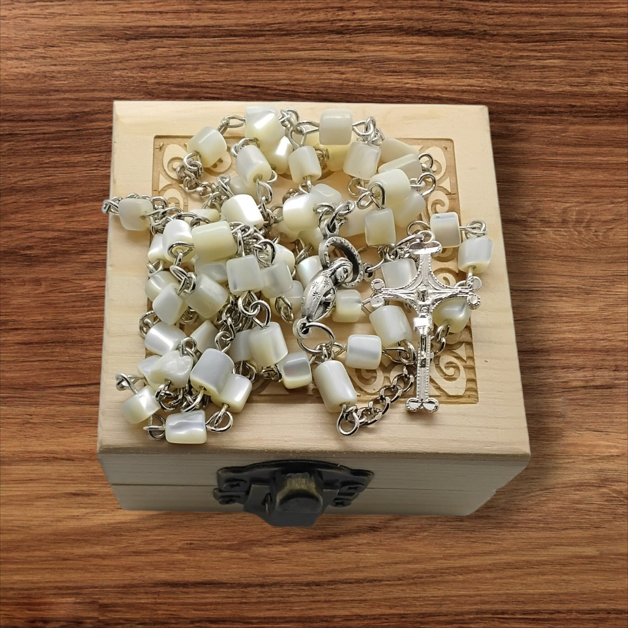 Catholic rosary mother of pearl necklace handmade with wooden rosary box personalized