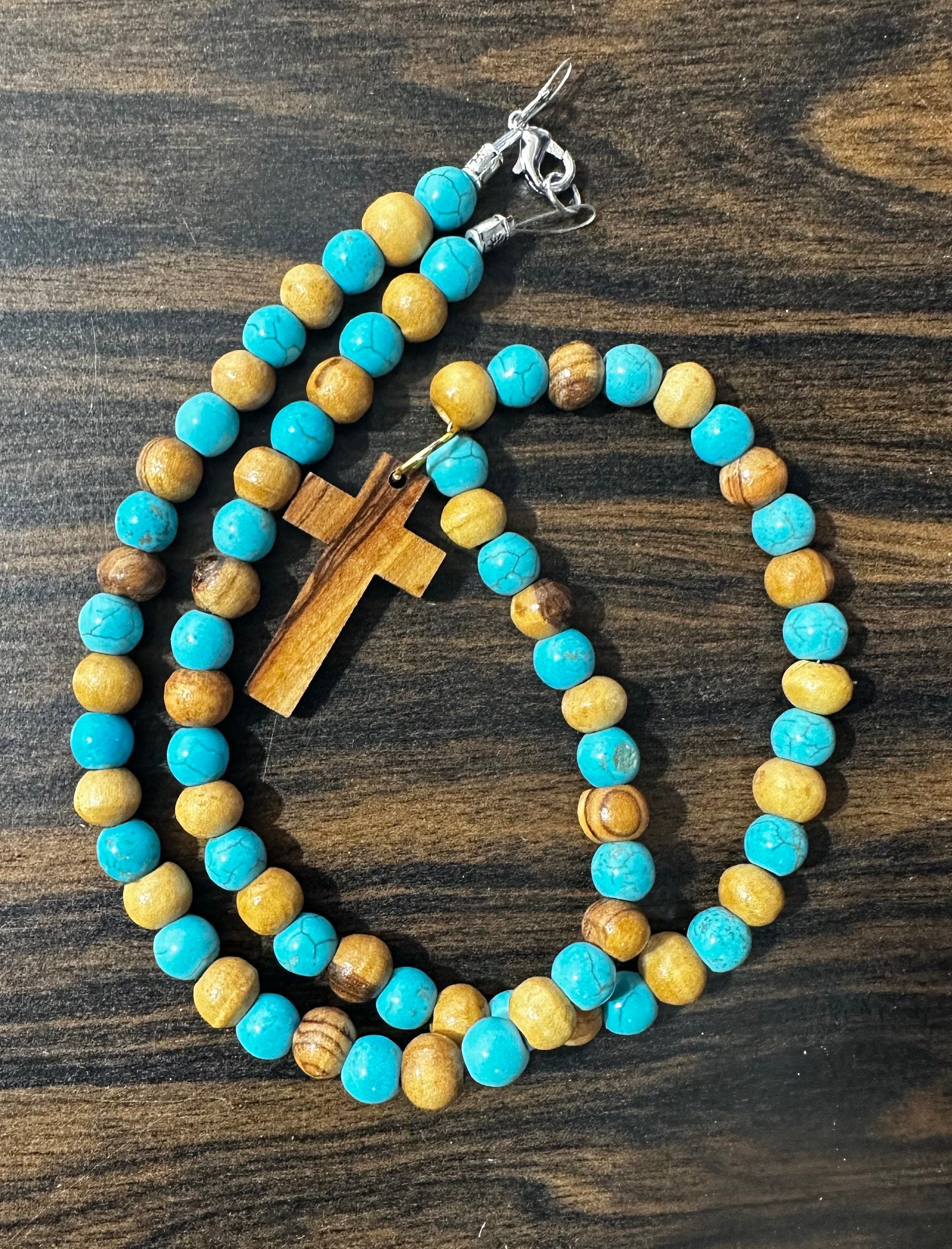 Bethlehem olive wood beads and turquoise beads necklace handmade with olive wood cross pendant comes gift boxed