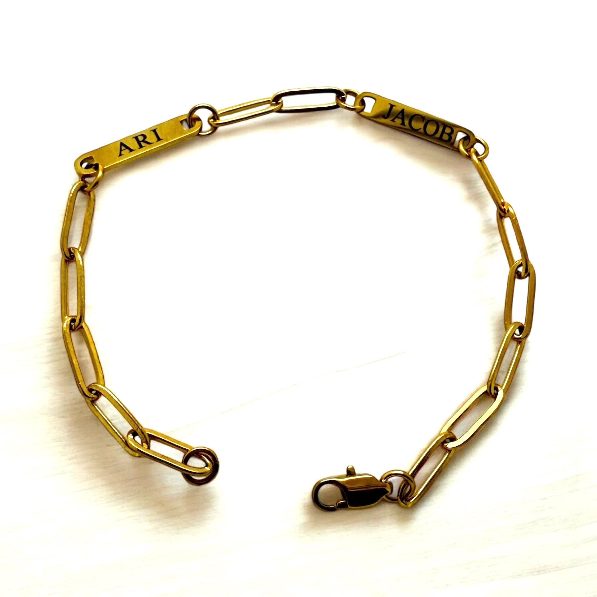 Hebrew and English name bar bracelet engraved on 18k gold plated stainless steel paperclip chain
