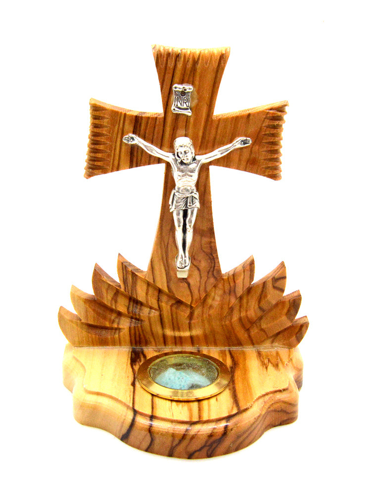Hand carved olive wood Jerusalem Cross with pewter crucifix on stand 3.5" H