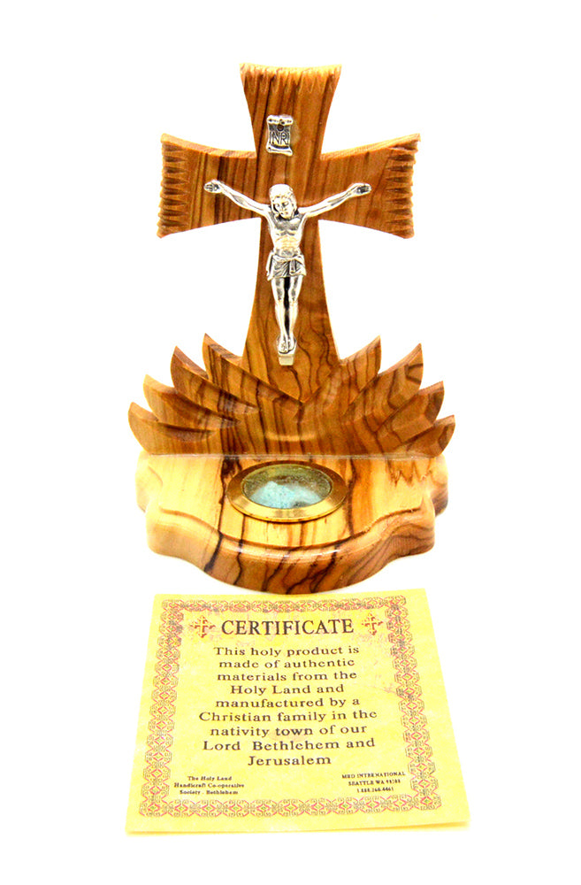 Hand carved olive wood Jerusalem Cross with pewter crucifix on stand 3.5" H