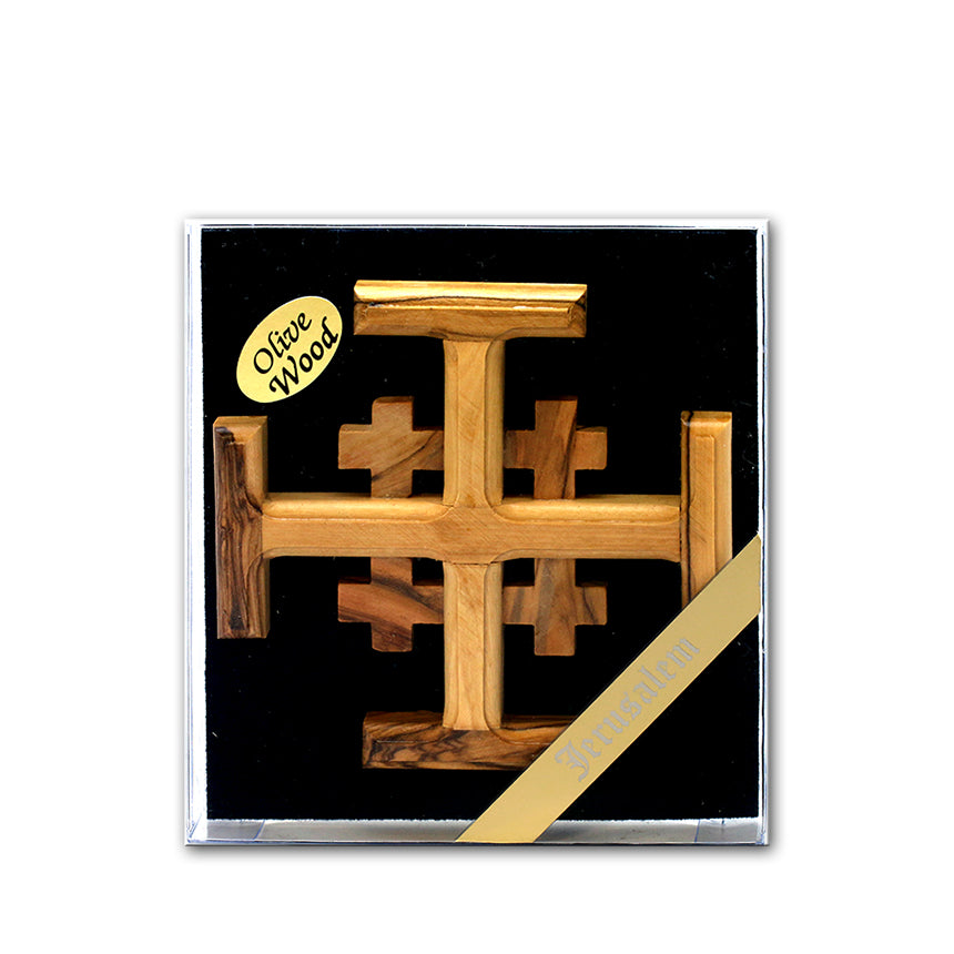 Hand Made Olive Wood Jerusalem Cross from the Holy Land gift boxed 3"