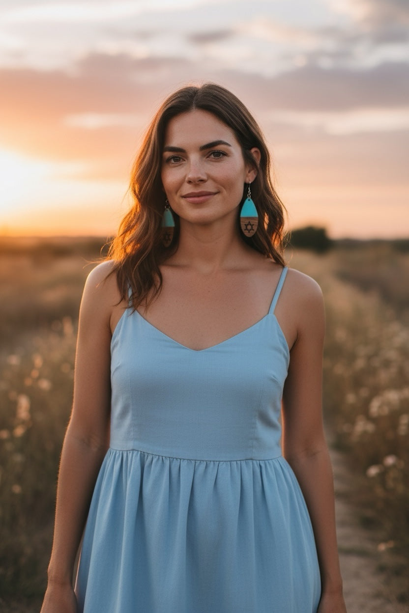 Woman wearing Holy Land Mall turquoise and wood Star of David teardrop earrings at sunset in a field.