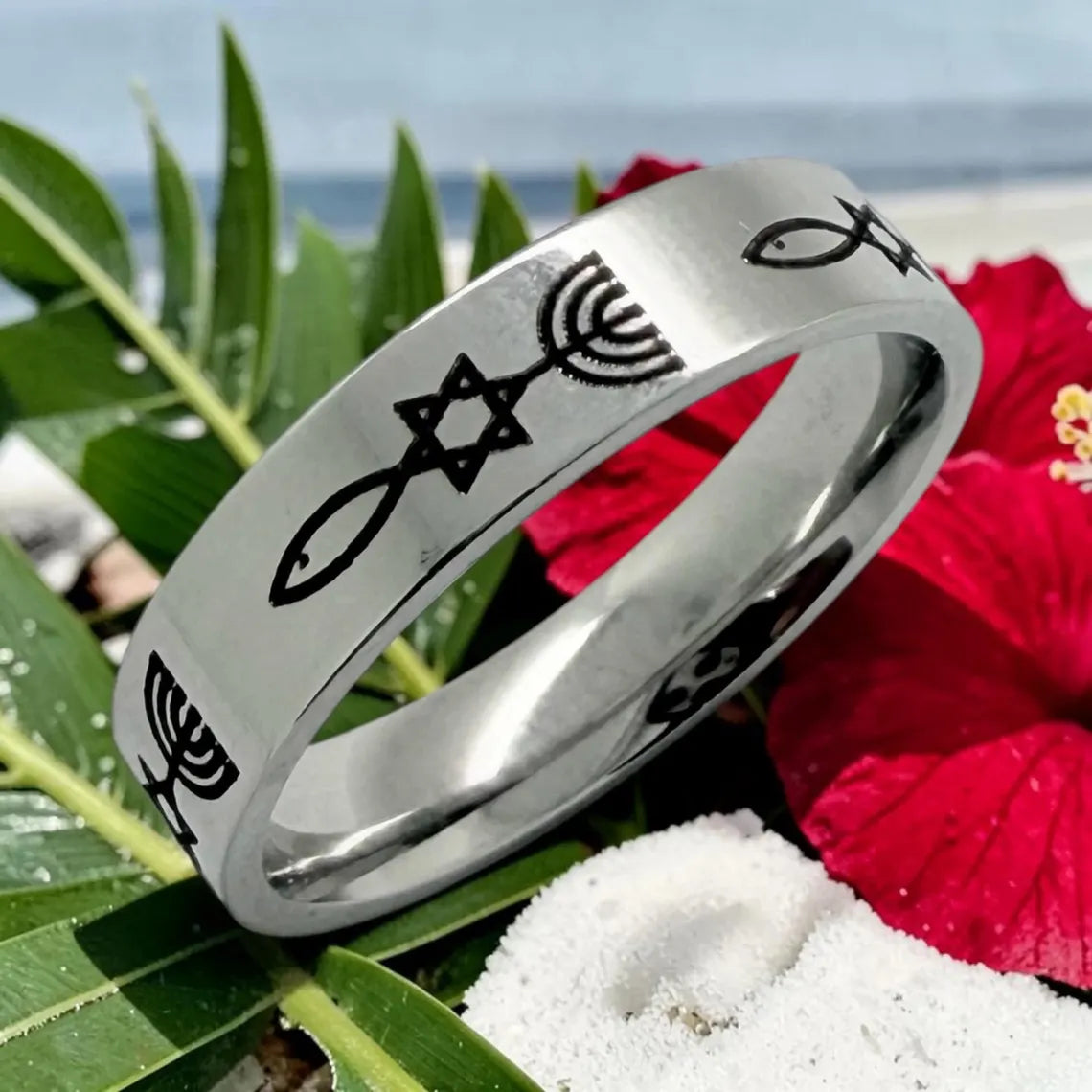 Messianic Seal Grafted In Israel ring engraved with the Star of David menorah and fish
