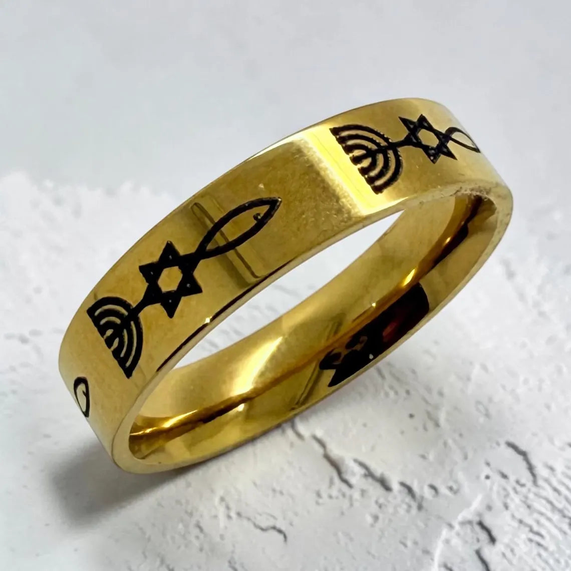Messianic Seal Grafted In Israel ring engraved with the Star of David menorah and fish