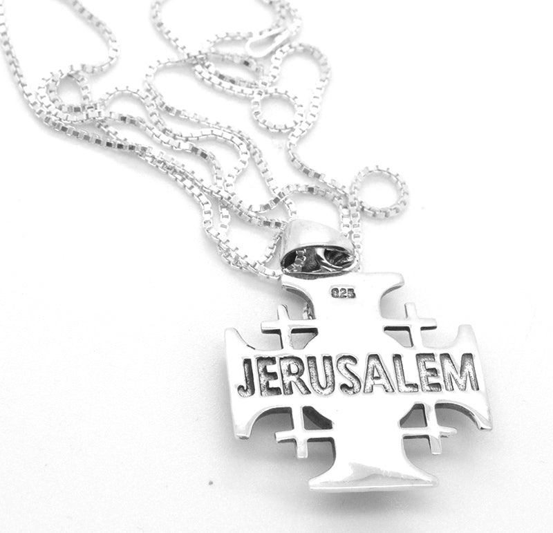 Jerusalem Cross Pendant 925 Sterling Silver with Turquoise Israel Holy Land 18" necklace
