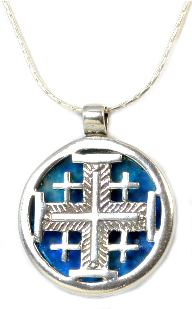 Jerusalem Cross Sterling silver Holy Land Roman Glass Necklace by Michal Kirat