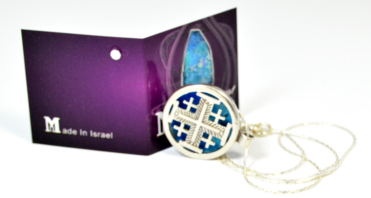 Jerusalem Cross Sterling silver Holy Land Roman Glass Necklace by Michal Kirat
