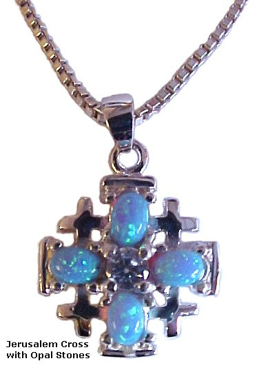 Jerusalem Cross with Opal Stones 925 sterling silver 18" necklace